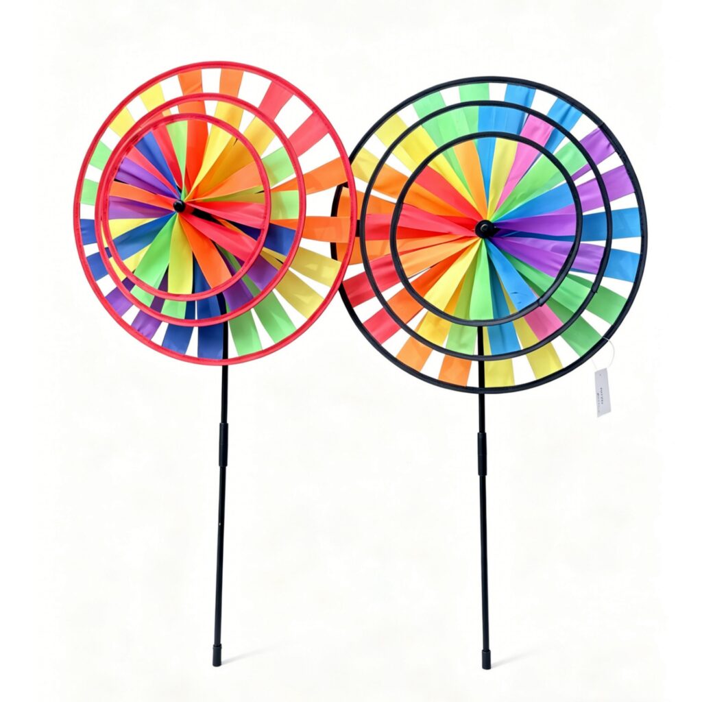 Three Layers Rainbow Straight Pull Strip Pinwheel, Fiberglass Stick Garden Wind Decor