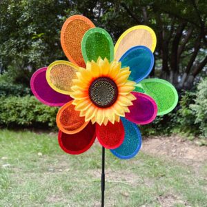 Double‑Layer Holographic Glitter Sequin Sunflower Pinwheel with Fiberglass Stick