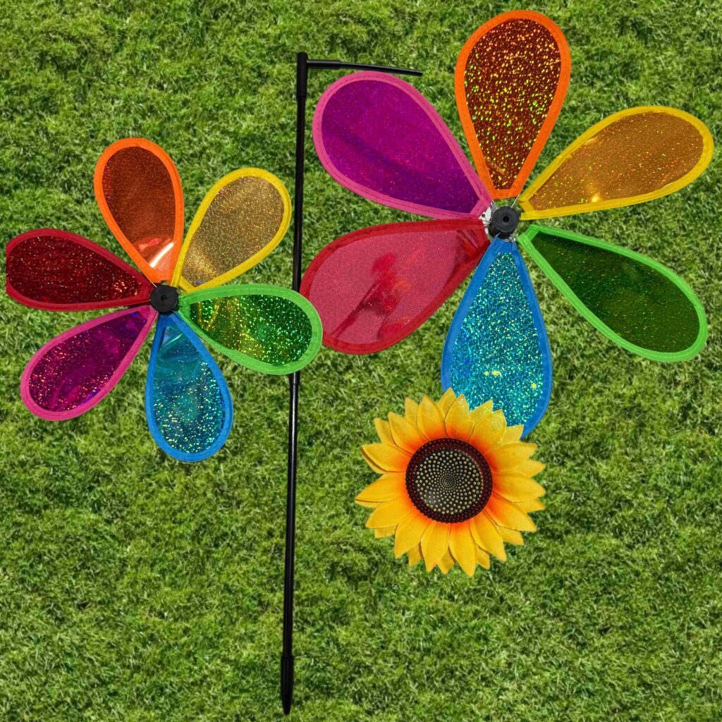 Double‑Layer Holographic Glitter Sequin Sunflower Pinwheel with Fiberglass Stick