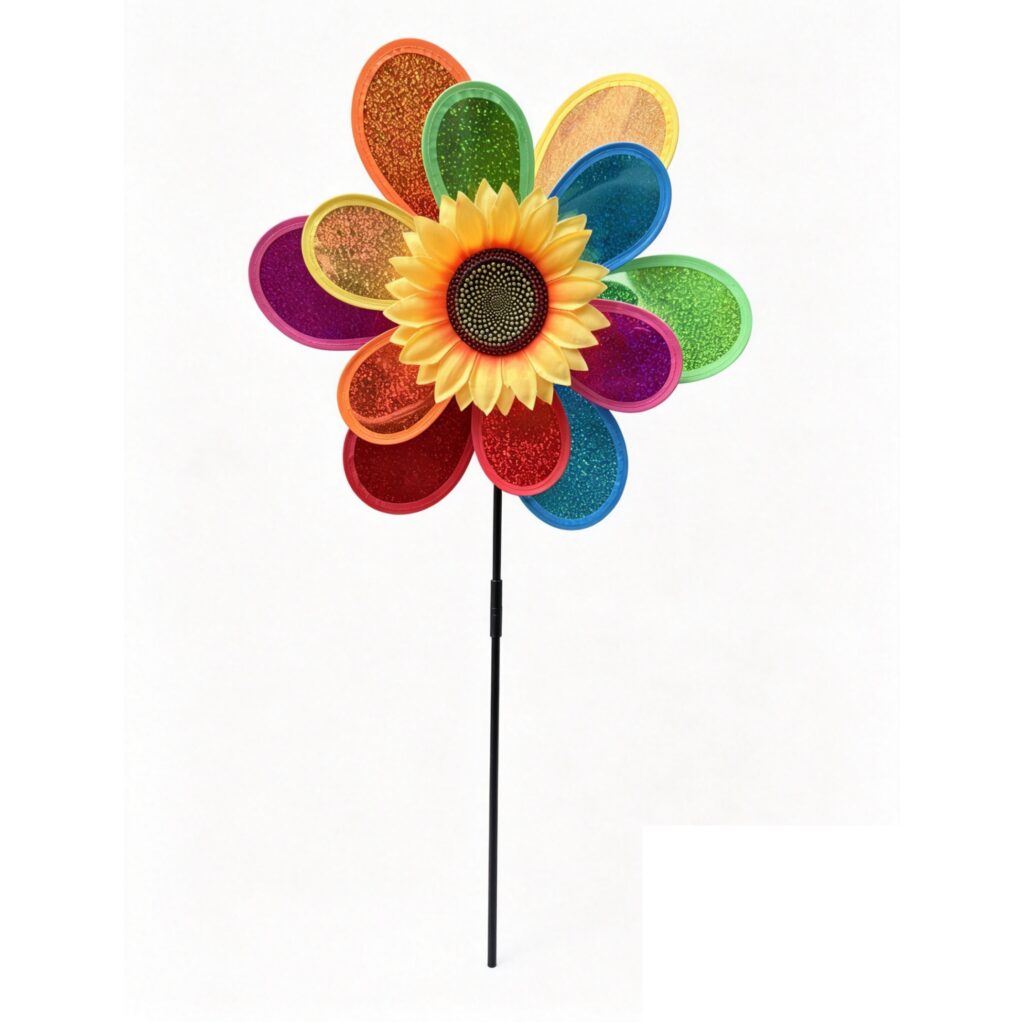 Double‑Layer Holographic Glitter Sequin Sunflower Pinwheel with Fiberglass Stick