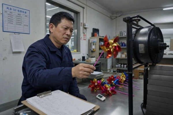 Whirligig Quality Control Checks Quality control inspection process ensuring durable defect-free whirligig strings before shipping (ID#3)