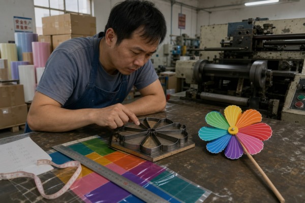 Pinwheel supplier brief detailing blade count, motif, repeat layout, and background color specs (ID#2)