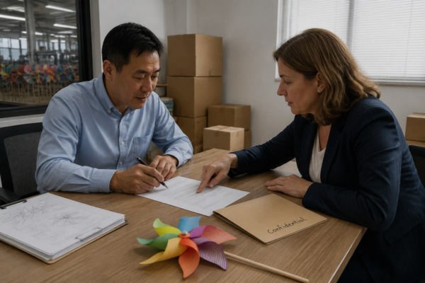 Protecting custom pinwheel artwork through signed agreements with Chinese manufacturers (ID#3)