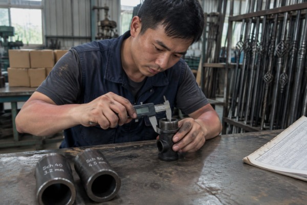 Verifying wrought iron fitting dimensions with calipers and thread charts before bulk ordering (ID#2)
